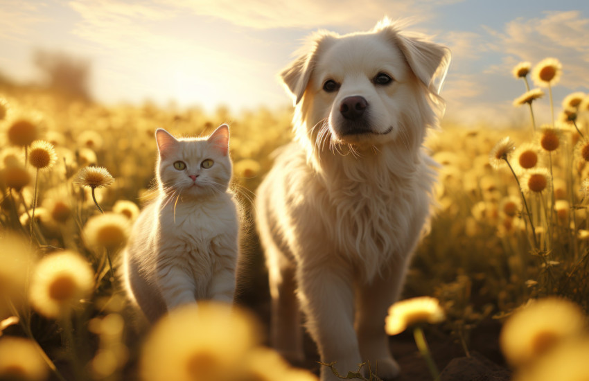 A dog and a cat strolling side by side in a beautiful field of flowers