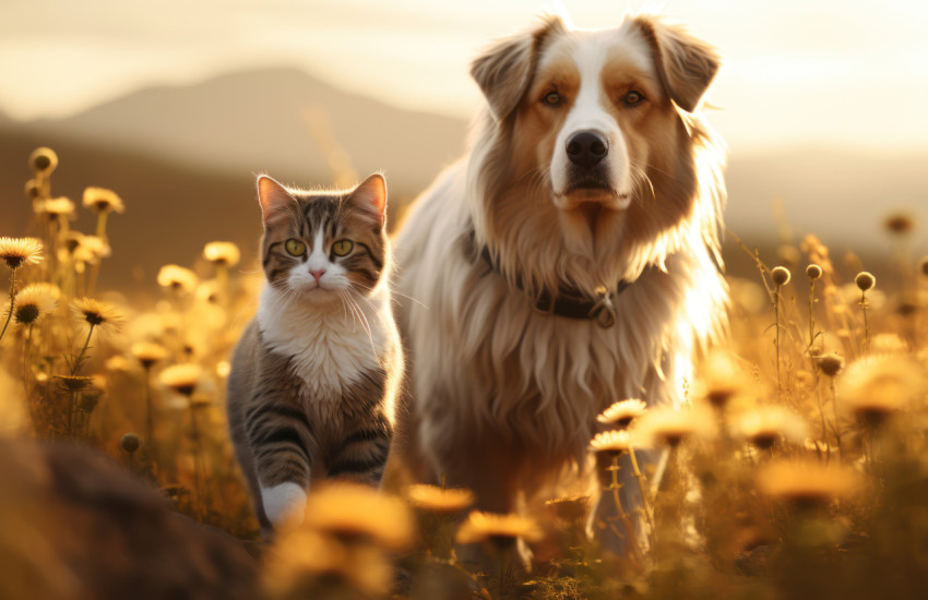 A dog and cat strolling together in a flower filled field