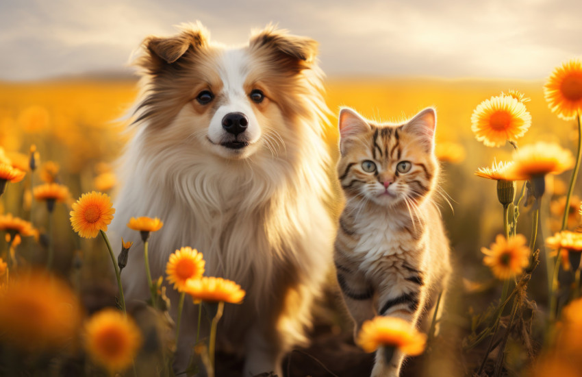 A dog and cat happily wander through a field of flowers