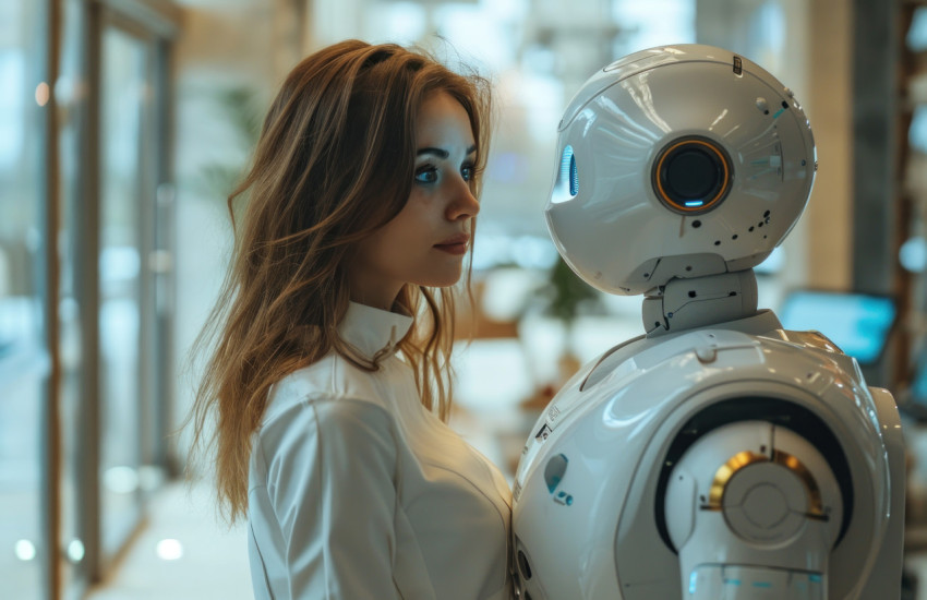 Woman stands beside autonomous robot in office setting