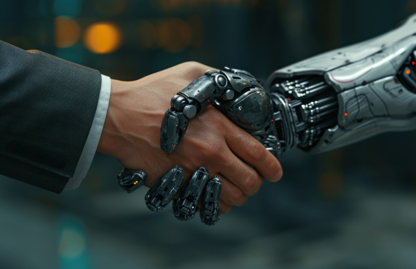 A businessman shakes hands with a robotic hand in a symbolic gesture of collaboration