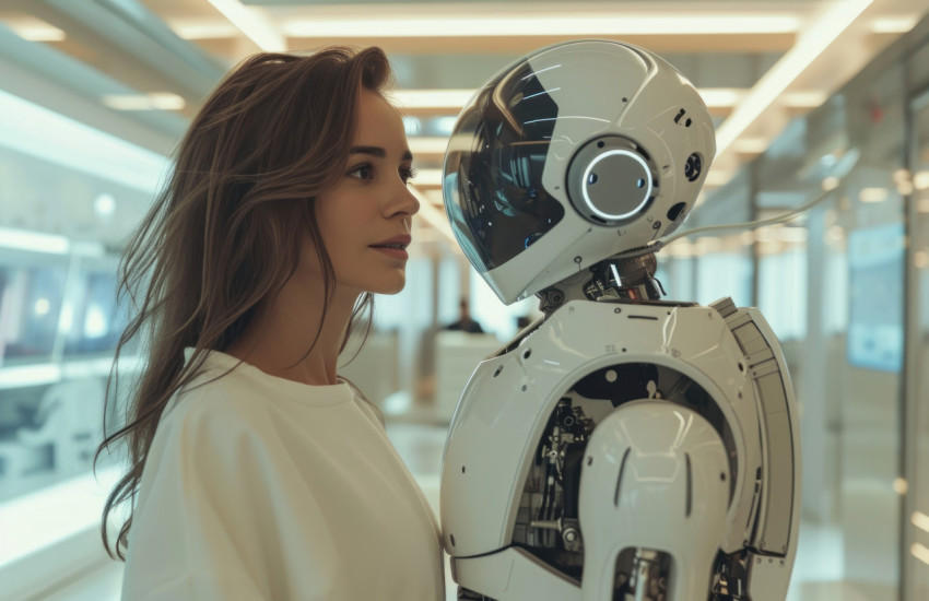 A woman stands next to an autonomous robot