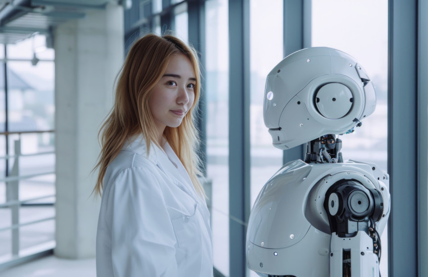 A woman and a robot stand side by side