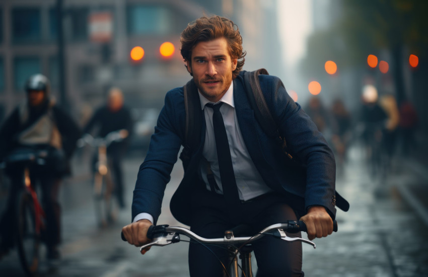 Energetic businessman commutes to work on a bike