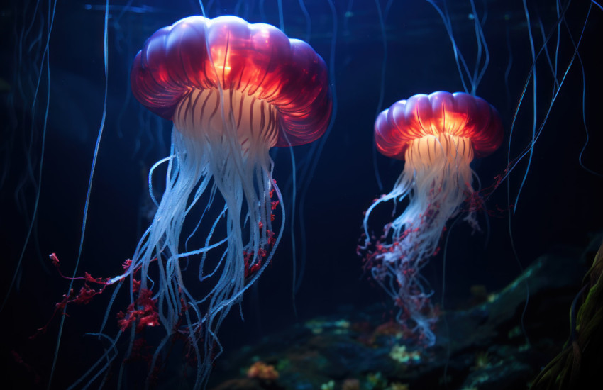 Two jellyfish swim in the dark water