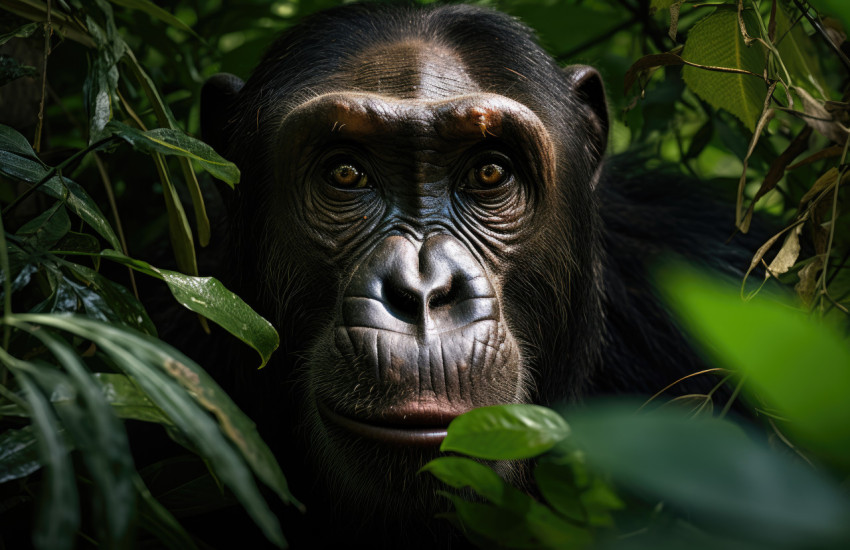 A chimpanzee in the lush jungle