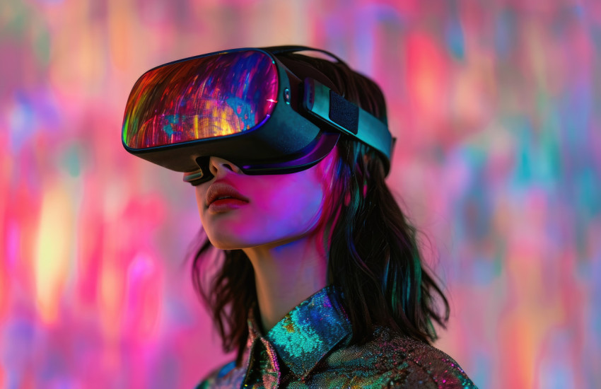 Woman immersed in virtual reality experience with vr headset on