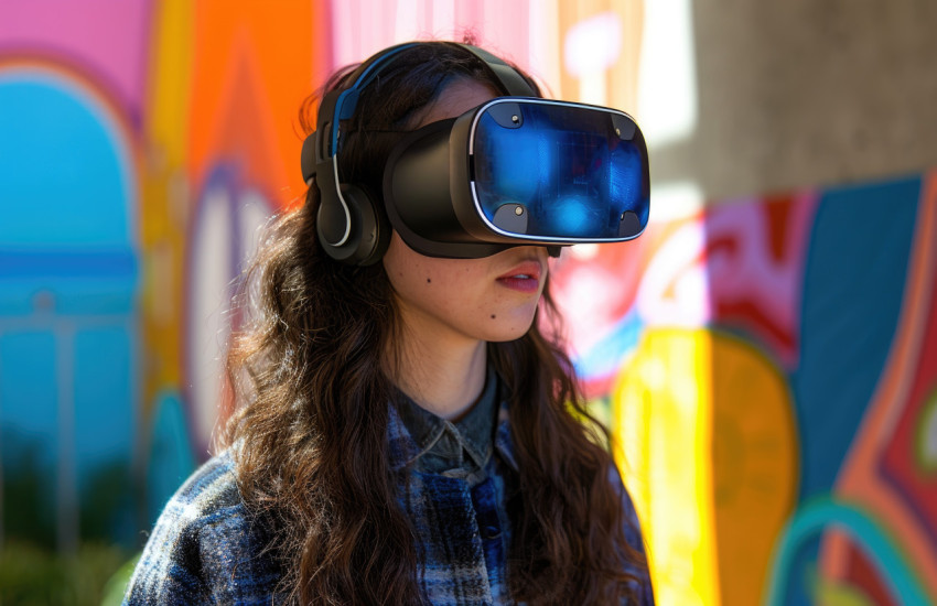 Woman experiences virtual reality through a headset