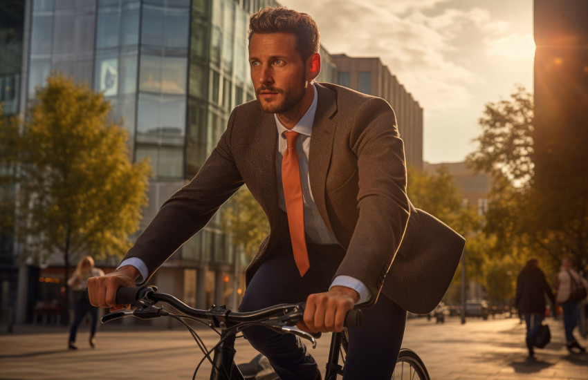 Businessman rides bike through urban area