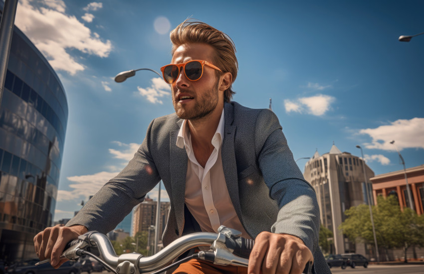 Businessman wearing sunglasses rides bicycle through city