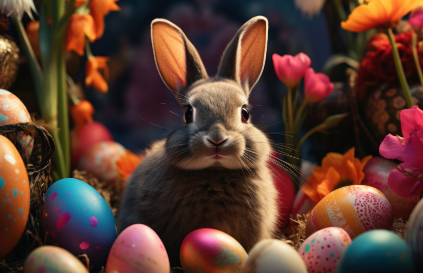 Bunny rests on grass surrounded by vibrant easter eggs in the background