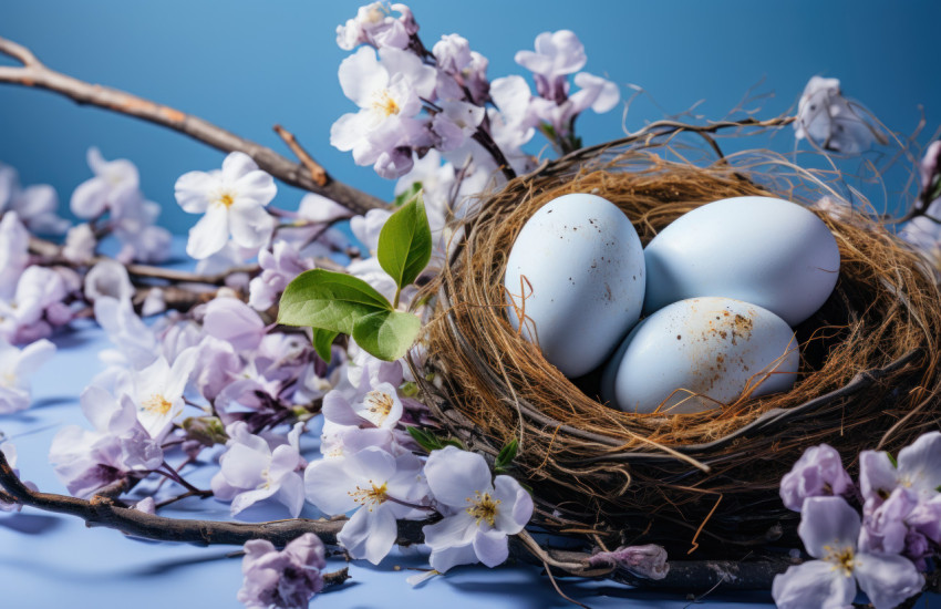 Nest with eggs on a blooming lilac branch