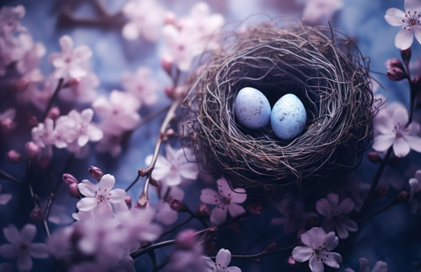 Nest holding an easter eggs amid beautiful lilac blooms