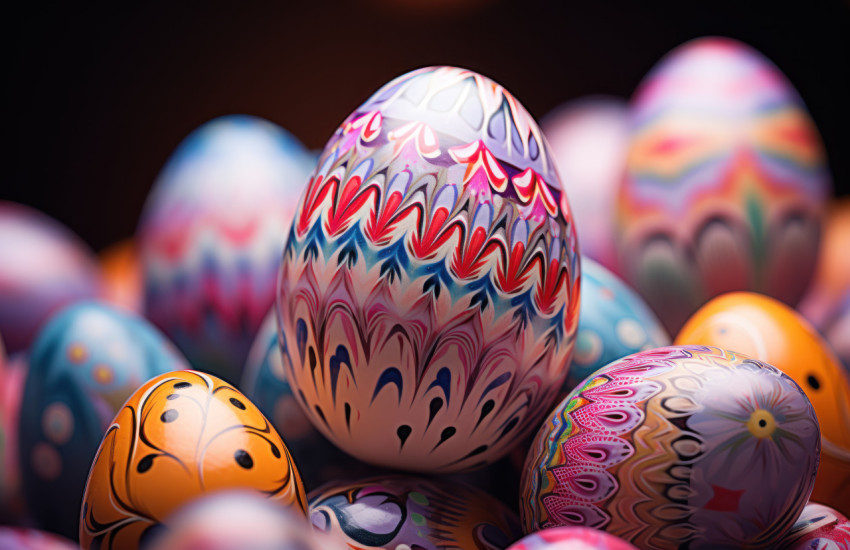 Vibrant painted easter eggs displayed on a cheerful pink backdrop for a lively celebration