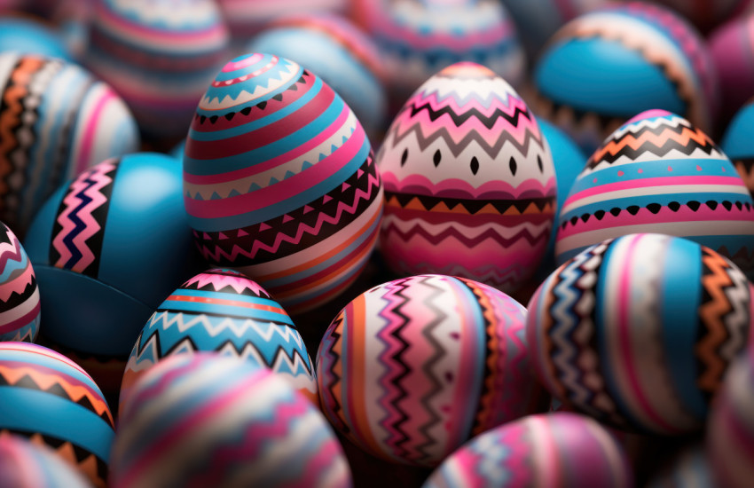 Vibrant easter egg pattern adorning a pink backdrop