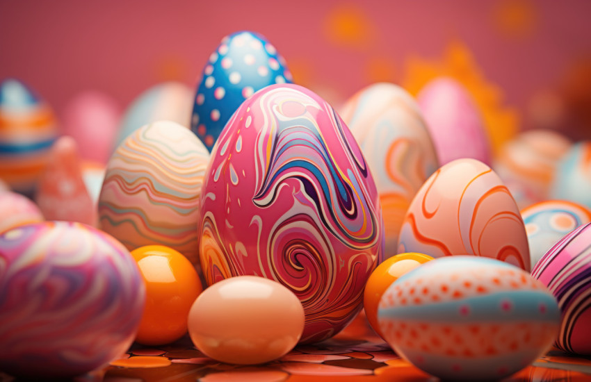 Vibrant easter eggs creatively painted adding a burst of color to a pink backdrop