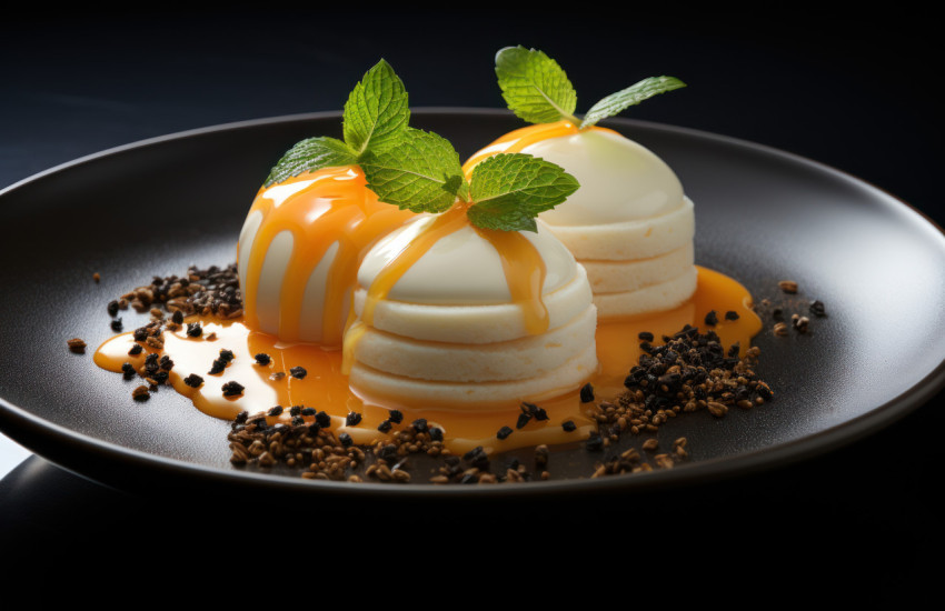 Round white desserts arranged in a small dish