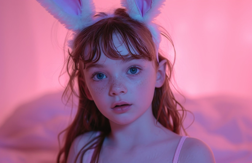 Young girl joyfully wearing bunny ears