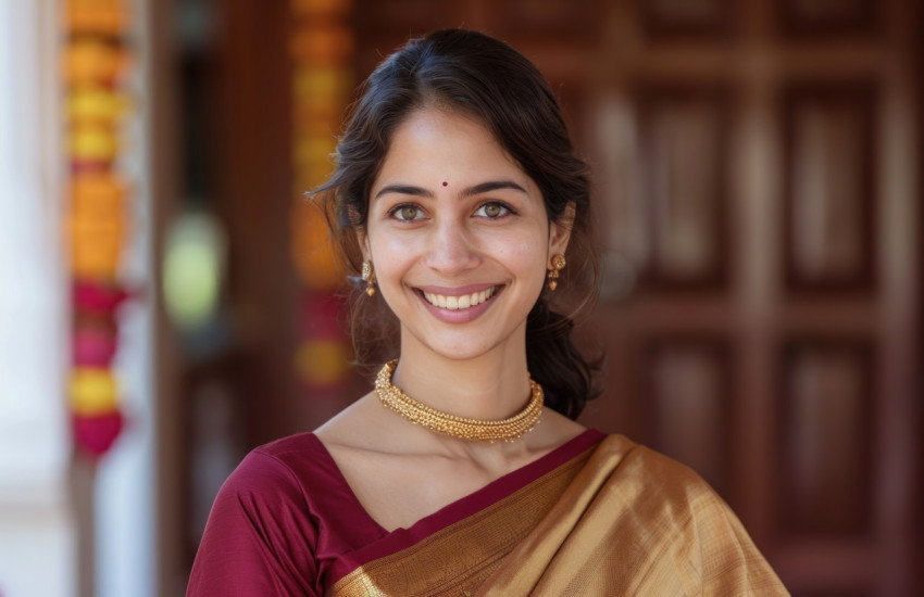 An indian woman in a marathi saree radiating happiness and smile