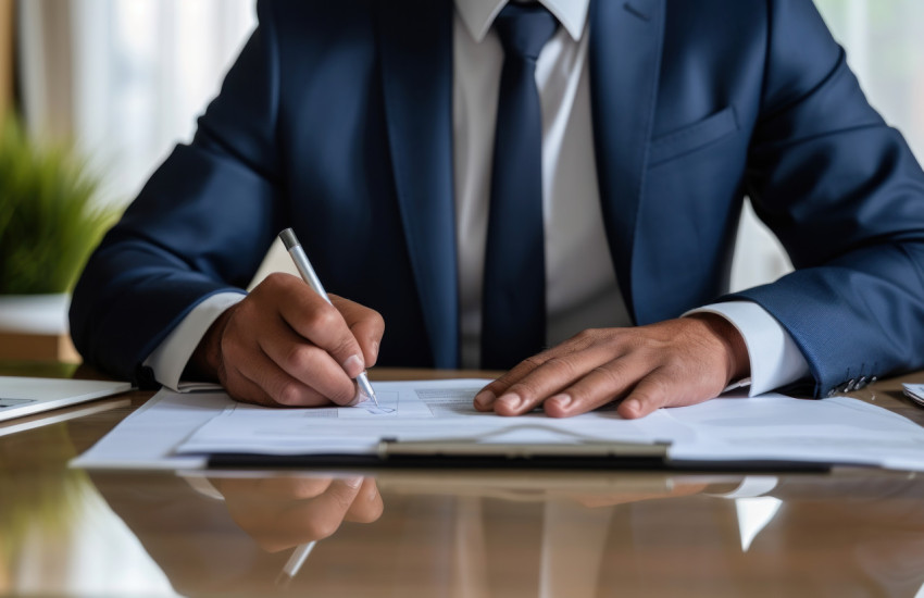 Businessman signing documents at desk