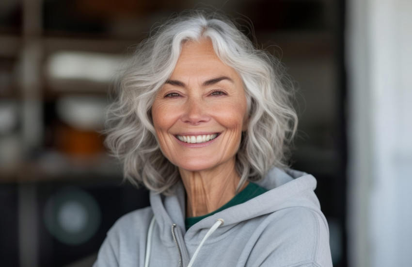 Beautiful senior woman smiles in a gray hoodie against a plain background