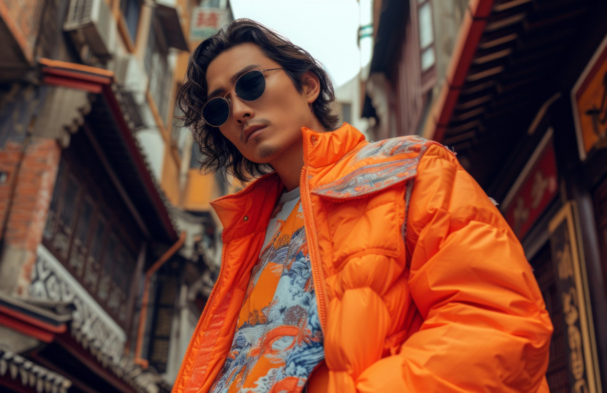 Stylish man wearing an orange jacket and sunglasses