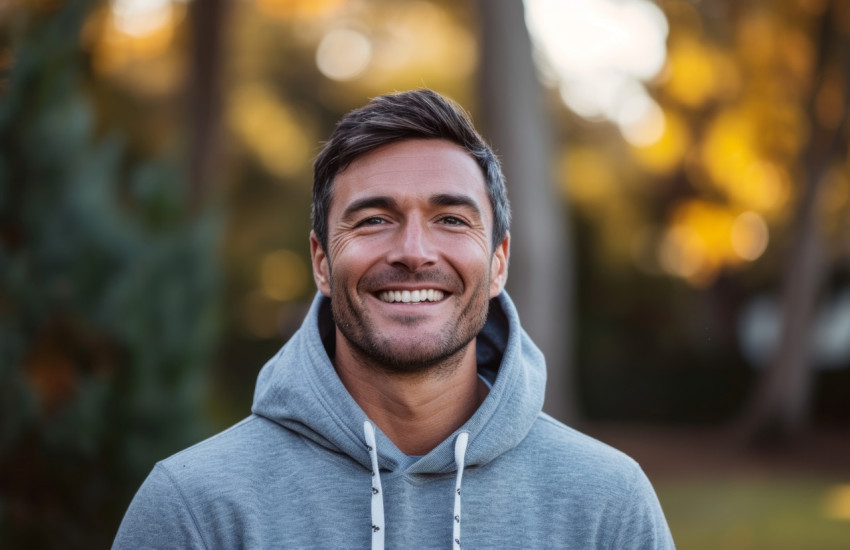 Man in gray hoodie smiles outdoors