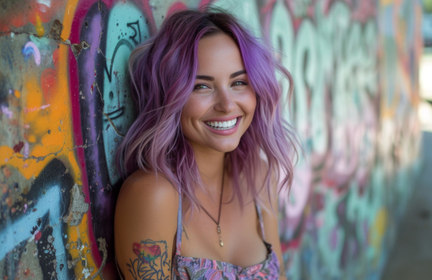 Beautiful woman with purple hair smiles beside graffiti covered wall