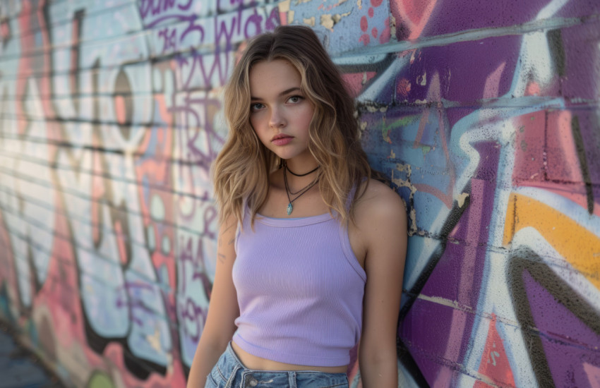 A girl poses against a colorful graffiti backdrop
