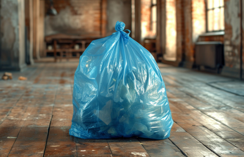 A blue plastic bag of garbage on a wooden floor