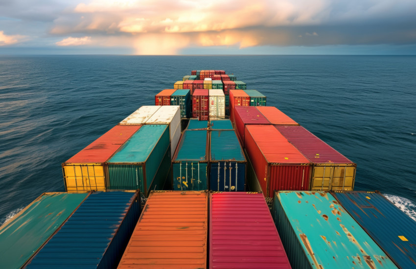 A container ship carrying large cargo containers sailing through the open ocean on a global shipping route