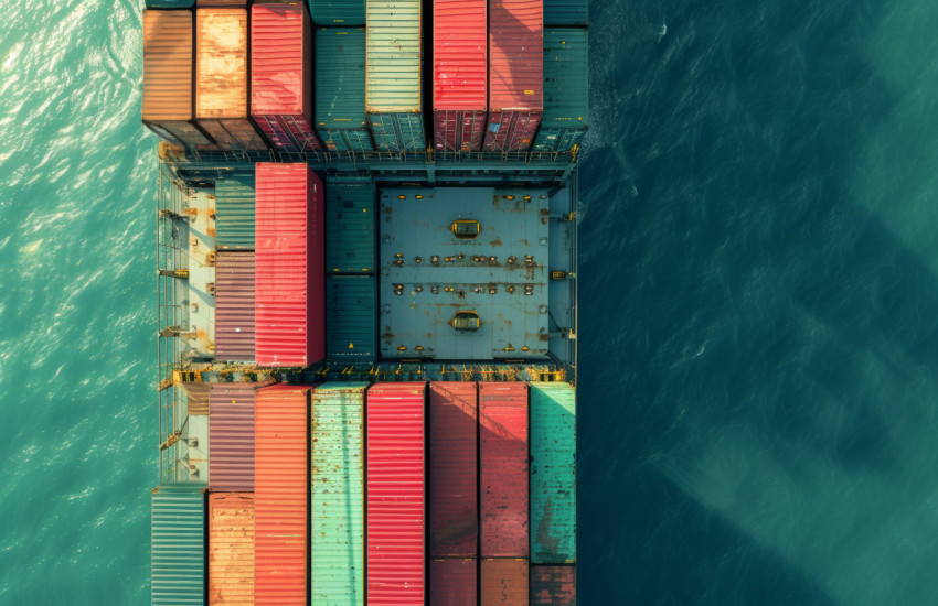 Cargo containers on a sea vessel cruising through the open ocean