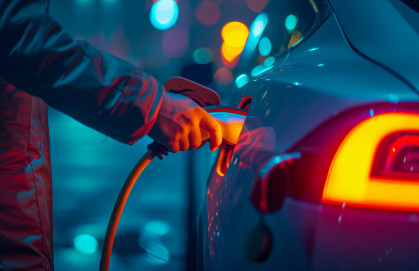 Person hand supporting electric car charging promoting green energy and environmental responsibility