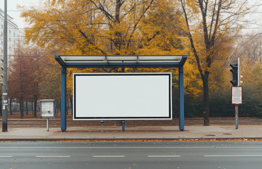 An empty billboard at a bus stop