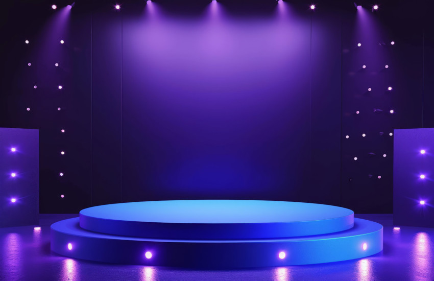Blue round podium on dark background with lights