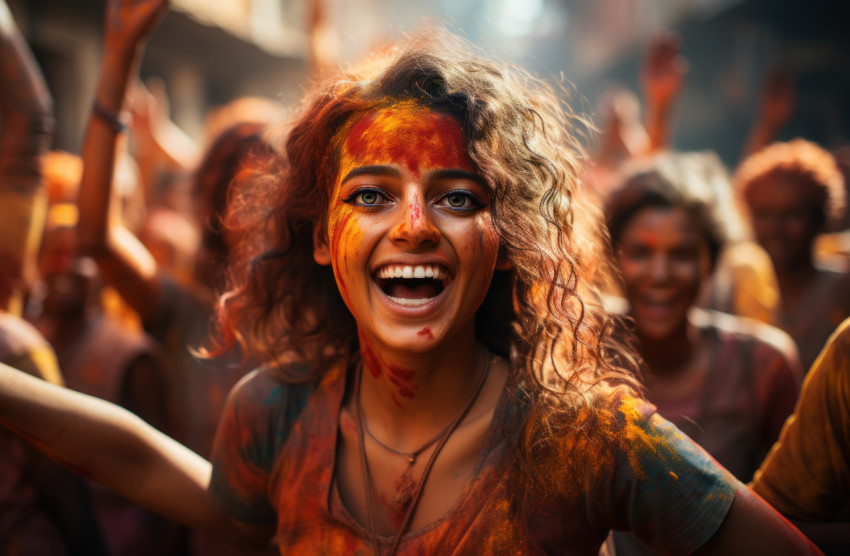 Street festivity smiling women adorned in holi paint