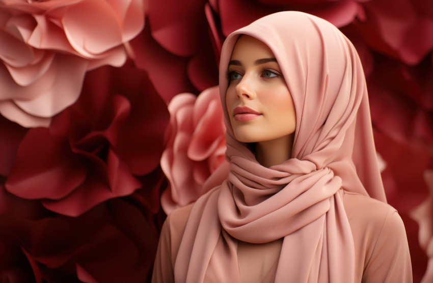 A muslim woman donning a vibrant hijab in a captivating portrait