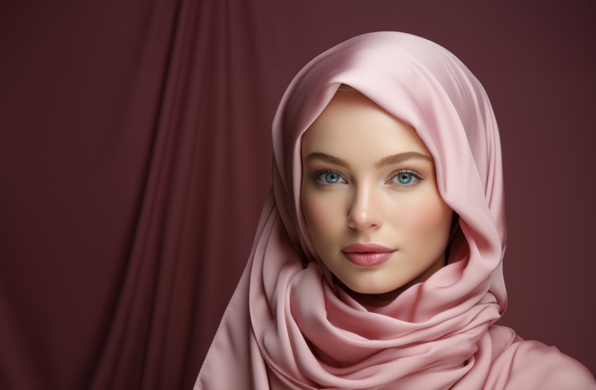 A young woman wearing a pink hijab in a minimalist setting