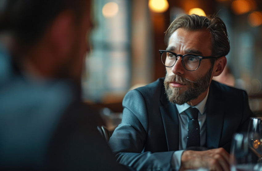 A moment of collaboration as two business individuals discuss ideas in a meeting