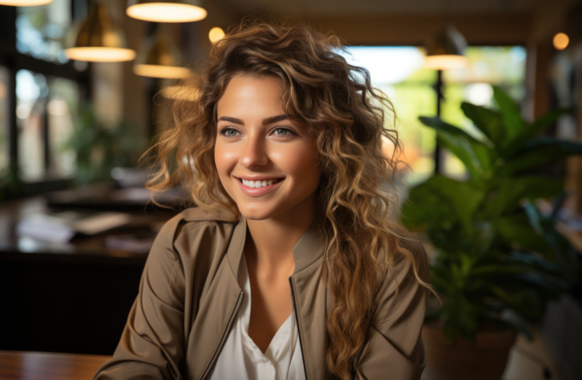 Smiling female entrepreneur focused on her laptop in a modern workspace