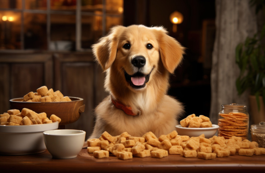 Golden retriever excitedly stands near a bowl of food