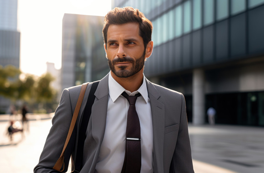 A businessman standing outside an office building