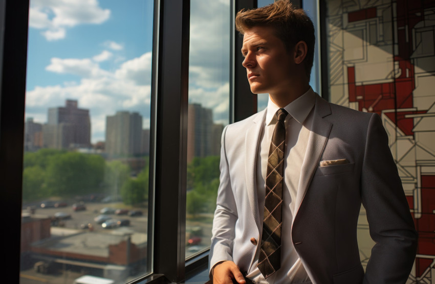 Suited businessman by office window