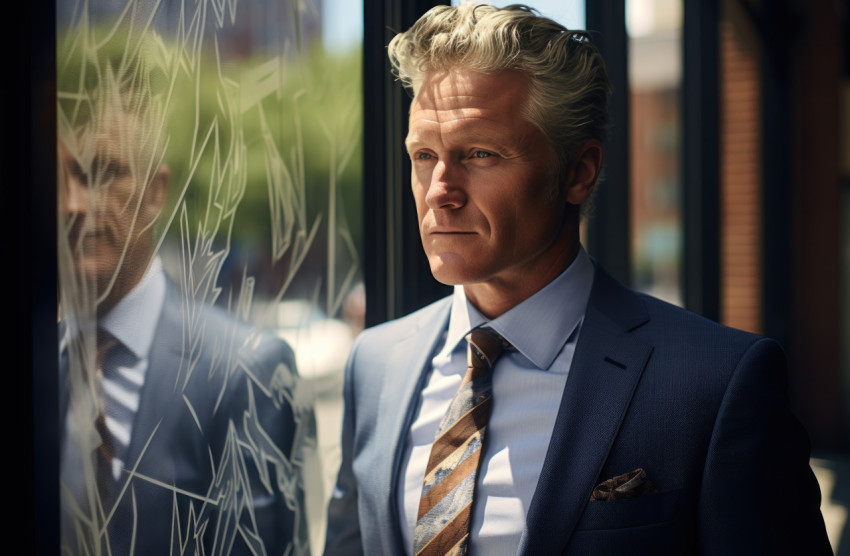 Businessman in suit standing near office window