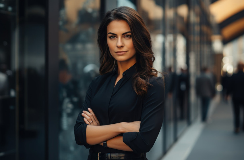 Confident young woman with folded arms poses outside a building