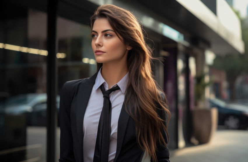 A young businesswoman exuding confidence as she stands in front of a building