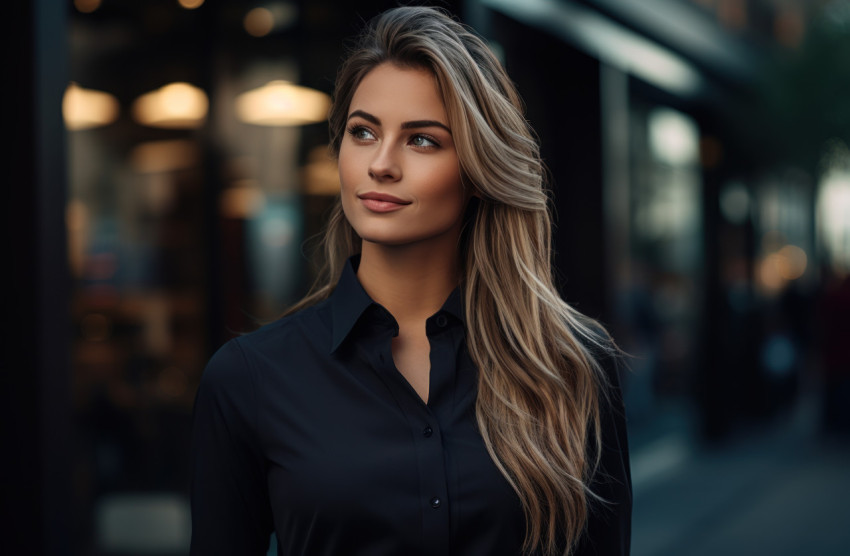 A confident young businesswoman poses in front of a building