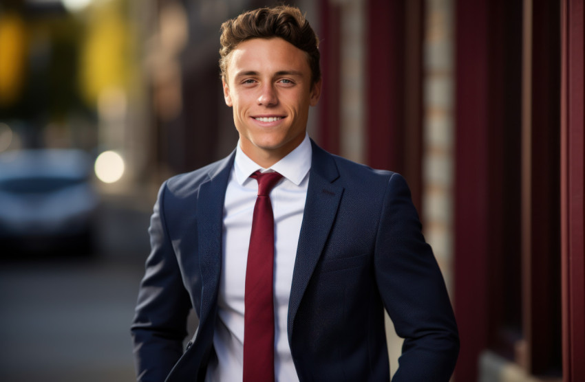 Happy young man in suit standing in front of building