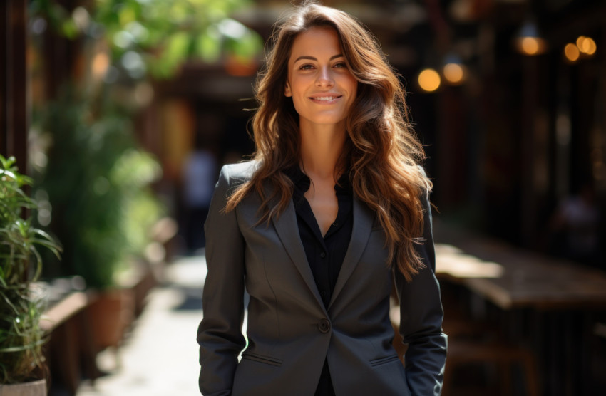 Confident businesswoman in a suit poses outdoors for a professional photo