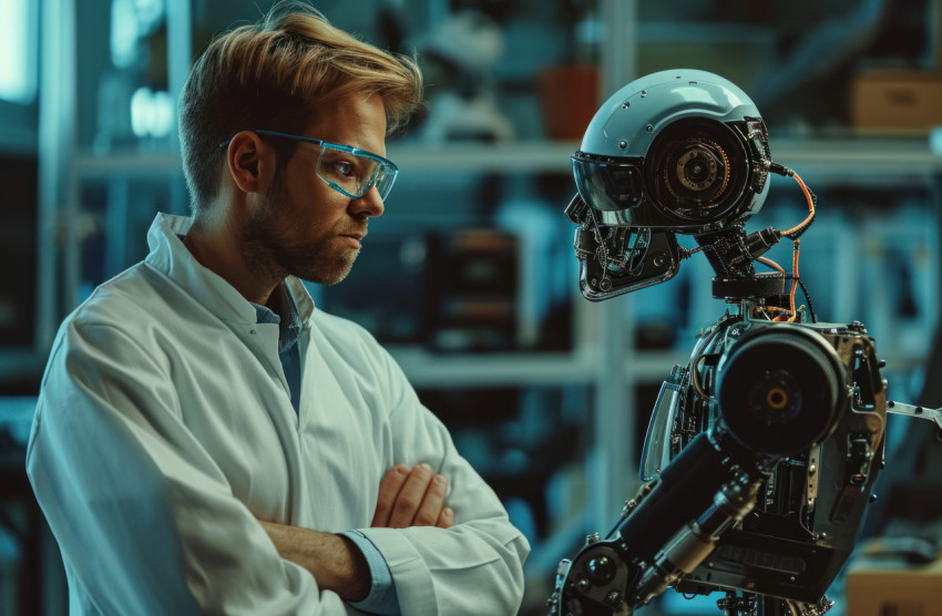 A scientist observes a robot with crossed arms